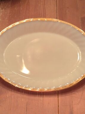 VTG Fire King Elegant White Ceramic Serving Platter with Gold Trim Made In USA